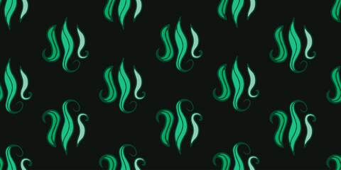 Abstract green flame shapes creating stylish seamless pattern with modern fluid lines and soft curves on dark background perfect for textile, wrapping, wallpaper, and digital design