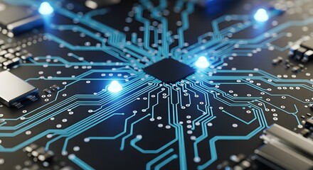 Obraz premium Circuit board's core : An intricate network of circuitry and microchips, illuminated with vibrant blue lights, symbolizing the complex heart of modern technology and innovation.