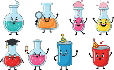 Cartoon laboratory glassware characters, funny science beakers, cute chemistry flasks, educational test tubes, colorful liquids, anthropomorphic lab equipment,