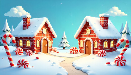 Gingerbread man cookie standing beside house with different colored candy and gumdrops, a chrismas snow scene. AI generated illustration