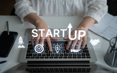 Concept of a new startup business venture. The process includes innovation, setting targets,...