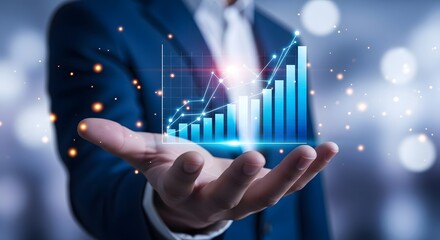 Hand holding a digital graph showing business growth and success