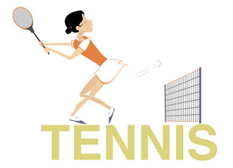 Tennis word. Young woman playing tennis.
Word tennis combine with young woman playing tennis. Tennis net.
