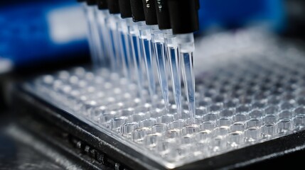 A multi channel pipette precisely dispenses liquids into a 96 well microplate in a laboratory setting