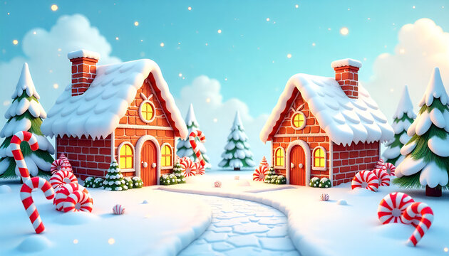 Gingerbread man cookie standing beside house with different colored candy and gumdrops, a chrismas snow scene. AI generated illustration