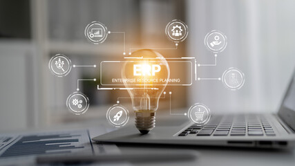 ERP platform visual showing centralized system for enterprise resource planning, improving integration, data flow, business efficiency, finance, inventory, and human resources. Spline