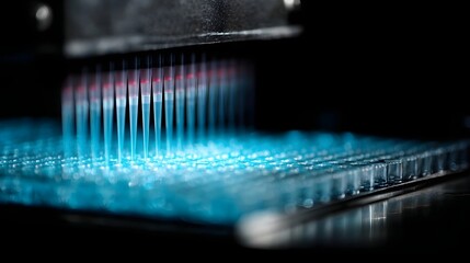 Automated multi channel pipette precisely dispenses blue liquid into a laboratory microplate for scientific research