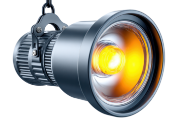 A Spotlight With A Bright Yellow Glowing Bulb Suspended By A Chain isolated on transparent background. PNG die-cut for advertising