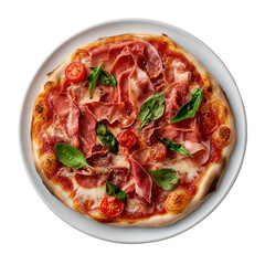 A delicious pizza topped with prosciutto cherry tomatoes fresh basil and melted mozzarella cheese on a white plate isolated on transparent background. PNG die-cut for advertising