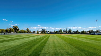 Panoramic View of a Lush Green Baseball Field Under a Vibrant Blue Sky with Wispy Clouds and Athletic Lighting Poles in the Background