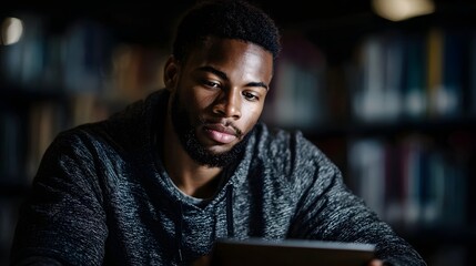 A young man intently uses a tablet in a dimly lit library setting surrounded by books