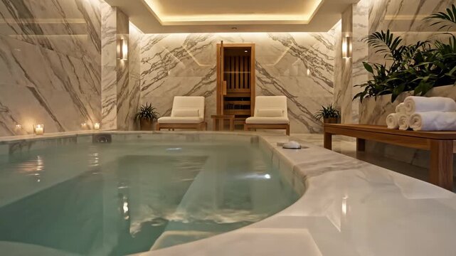 Elegant spa interior featuring a luxurious marble jacuzzi and greenery