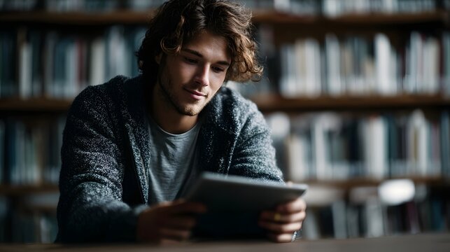 A young man with curly hair studies intently on a tablet in a library surrounded by bookshelves engrossed in his research
