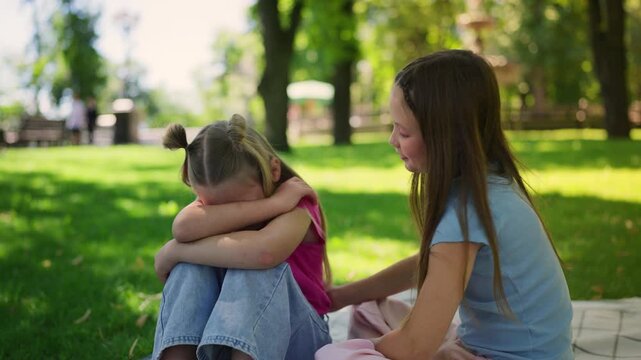 Caring girl consoling and hugging upset sister outdoors in green city park