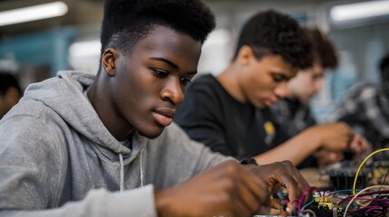 Young students collaborating on a hands on robotics engineering project with intricate circuits and wires