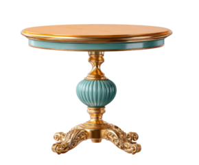 Ornate Gold And Teal Accent Table With Round Marbled Top And Decorative Pedestal Base isolated on transparent background. PNG die-cut for advertising