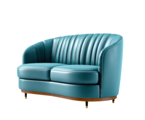 A Modern Teal Leather Sofa With Channel Tufting A Curved Back And A Wooden Base isolated on transparent background. PNG die-cut for advertising
