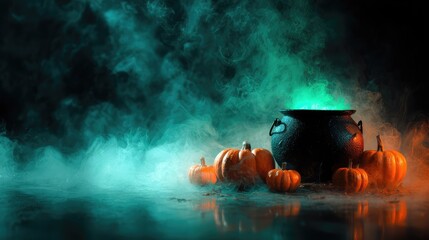 Mysterious cauldron surrounded by pumpkins emits glowing green mist on a foggy surface, creating an enchanting Halloween atmosphere for seasonal decor and themed events