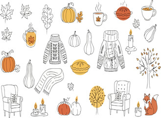 Vector Collection of Cozy Autumn Doodles Including Pumpkins, Sweaters, Pie, and Fall Leaves