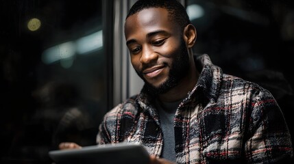A smiling man uses a tablet device during an evening commute illuminated by soft light