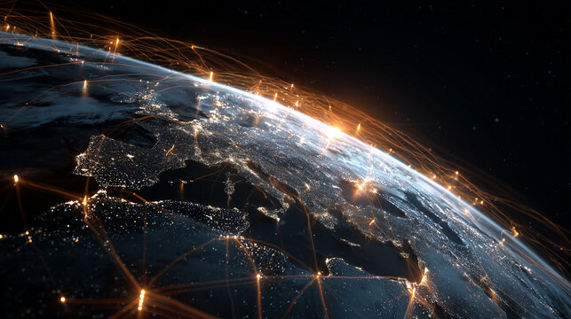 AI-generated image - Futuristic glowing global network connecting continents with bright data lines and digital communication concept