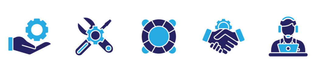 Business support and service icons set — customer assistance, maintenance, help, partnership, and communication outline vector illustration	