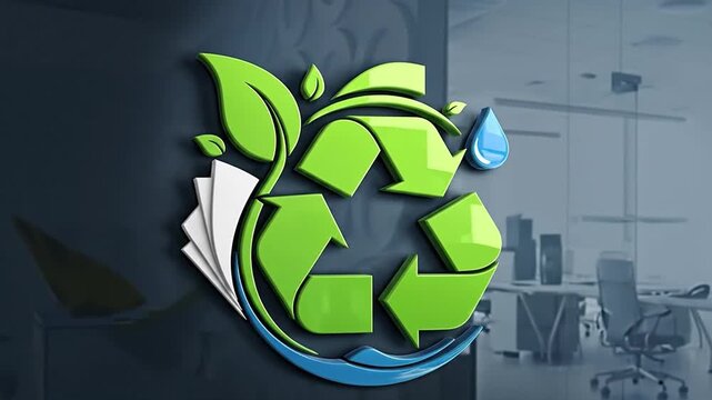 Green recycling logo promotes eco-friendly business and sustainability in office