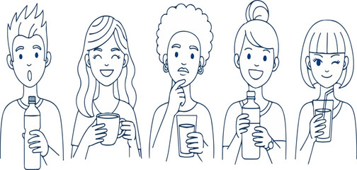 Minimalist vector line art illustration of diverse happy people drinking beverages for hydration