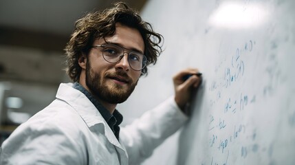 A scientist in a lab coat writes mathematical equations on a whiteboard looking towards the