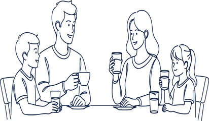 Happy family sitting at table drinking beverages and talking, line art vector illustration