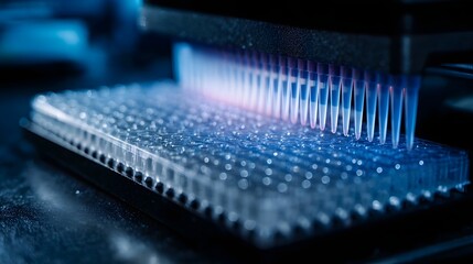 Automated multi channel pipette dispensing liquids into a laboratory microplate under blue light