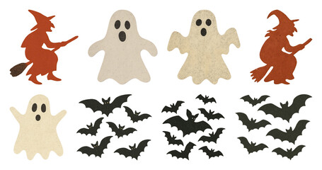 Obraz premium PNG Vintage Halloween ghost witch bats, element set on transparent background