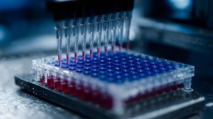 A multi channel pipette precisely dispenses liquid into a well plate in a modern laboratory setting
