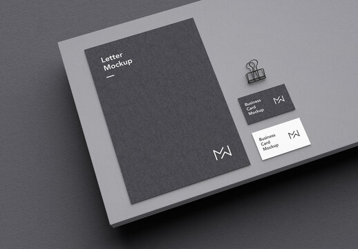 Dark Stationery Mockup on Gray Block with Shadow