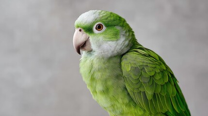 Close Up Side Profile Of A Bright Green Parrot With White Frost Like Markings On Its Head And Beak And Orange Eyes Against A Softly Blurred Grey Background