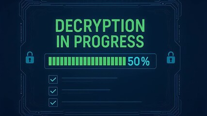 Decryption progress bar with digital interface and padlock icons showing fifty percent completion, decryption progress progress bar 50 percent with checklist dark futuristic cybersecurity interface - Powered by Adobe