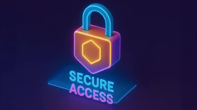 Neon padlock hexagon emblem glowing with secure access protection vibrant blue pink purple lighting. futuristic cybersecurity lock and digital security protection for secure access and privacy with