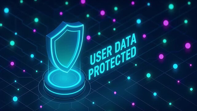 User data protected shield hologram neon digital grid with glowing nodes and futuristic network security atmosphere neon shield icon glowing platform with user data protected text futuristic network