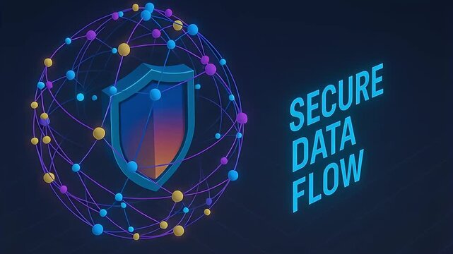 Secure data flow shield network with glowing nodes orbital connection encryption cybersecurity protection and encrypted transmission digital privacy security encryption nodes orbital connection