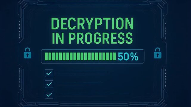 Decryption progress bar with digital interface and padlock icons showing fifty percent completion, decryption progress progress bar 50 percent with checklist dark futuristic cybersecurity interface