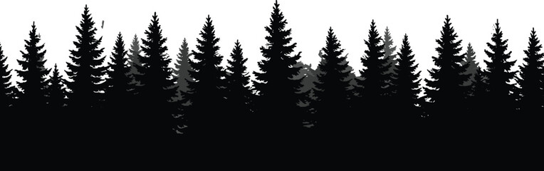 Forest, silhouette, pine, tree, evergreen, nature, wilderness, landscape, black, gray, conifer, minimal, tranquil, outdoor, winter, layered, depth, vector, illustration, background