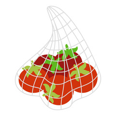 Eco friendly reusable net bag full of red tomatoes. Vector illustration in flat style isolated on white background.  Promotes zero waste, sustainable lifestyle, and healthy food.