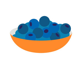 Vector illustration of bowl full of blueberries. Flat style image isolated on white background. Sweet and colorful fruit design