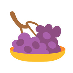 Vector illustration of purple grapes in a bowl. Flat style image isolated on white background. Cute fruit composition.