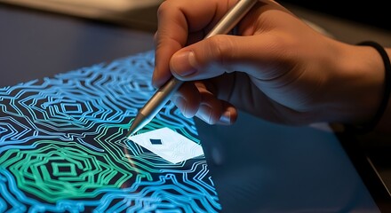 Close-up of a hand using a stylus on a digital tablet displaying vibrant geometric patterns.