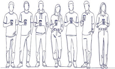 Minimalist continuous line drawing vector of diverse young adults holding coffee cups on white background