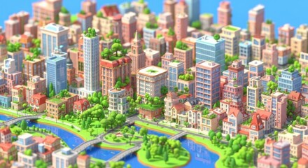 Voxel art rendering of a bustling city with sustainable architecture and vibrant colors