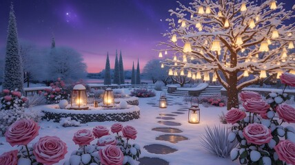 Enchanting winter wonderland garden at night, pink roses, glowing lanterns, snow-covered trees, magical atmosphere, festive holiday, romantic aesthetic, cozy decoration, serene landscape, Christmas