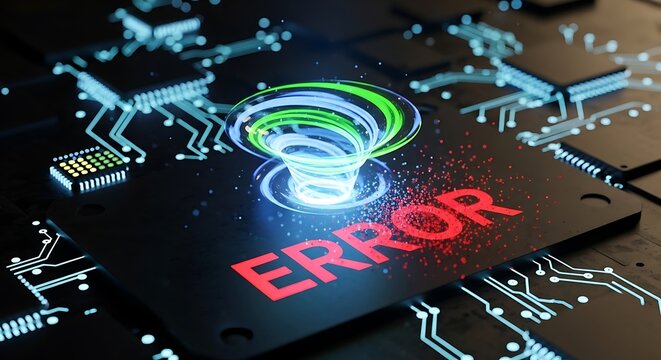 Digital error vortex consuming a microchip, symbolizing system failure and data corruption.
