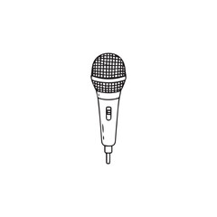 A simple line drawing of a microphone, centered on a white background, showcasing its classic shape and design.